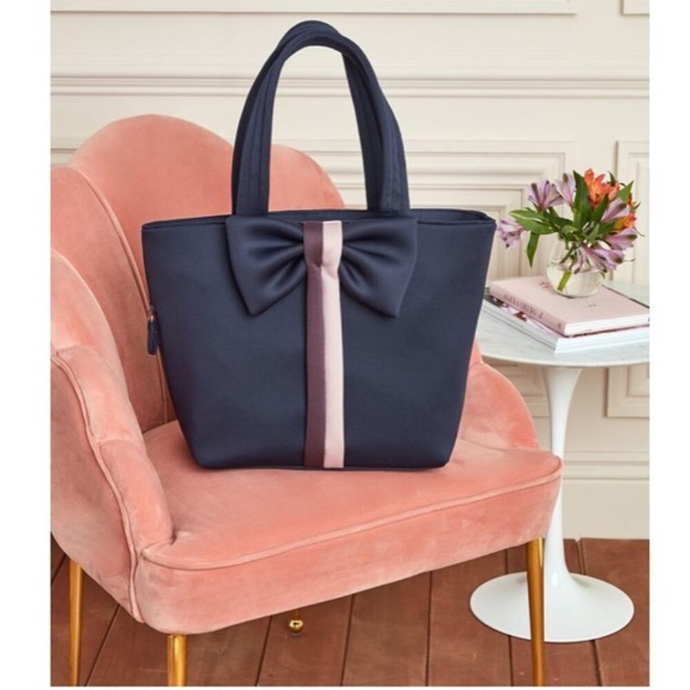Stella & Dot Bags Stella & Dot Crush It Bow Navy Blue Tote Top Zip & Side Zipper